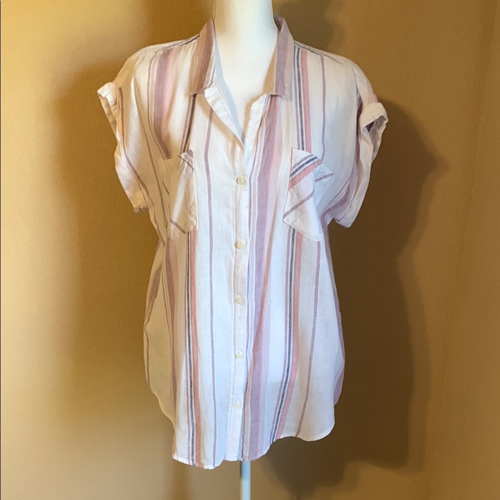 Thread & Supply White and Pink Cap Sleeve Button Down Shirt